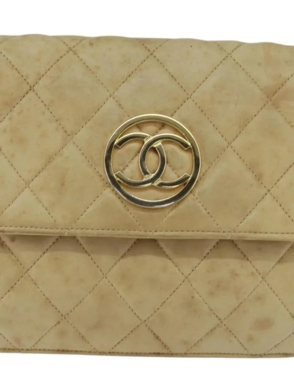 CHANEL Matelasse Chain Shoulder Bag Lamb Skin Beige Gold CC Auth 149120